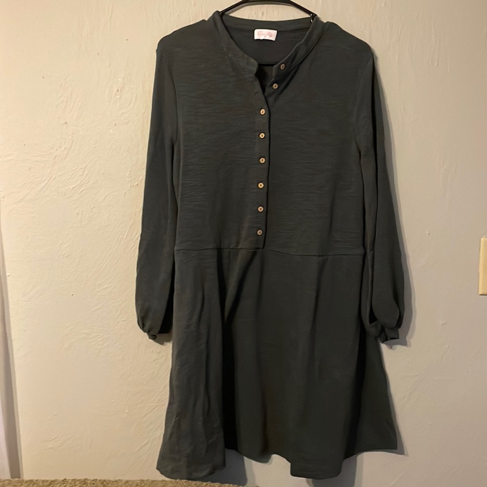 Pink Lily Long Sleeve Navy Bluer Waffle Texture Button Down Dress